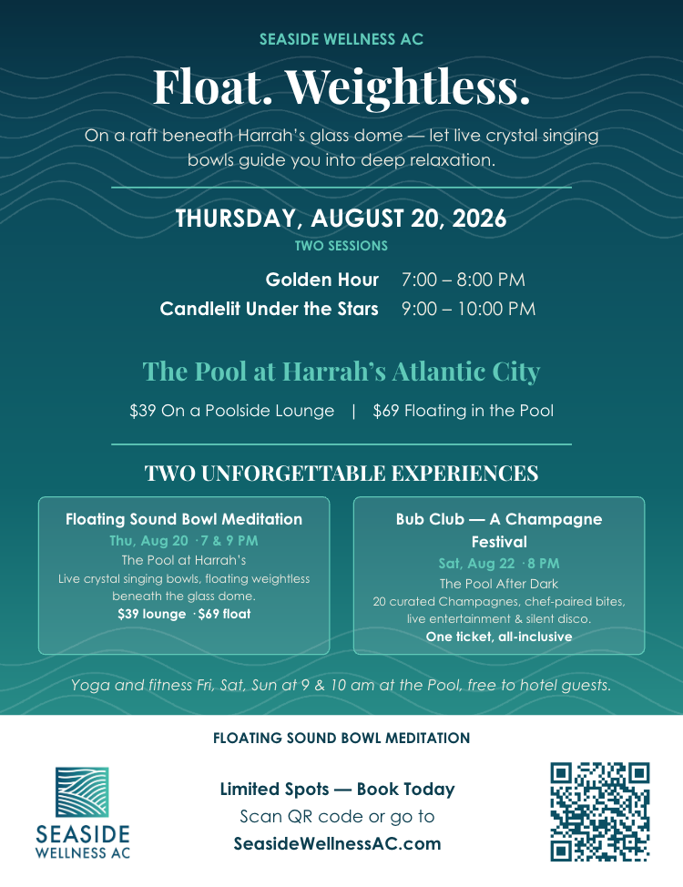 Floating Sound Bowl Meditation flyer — The Pool at Harrah's, August 20, 2026
